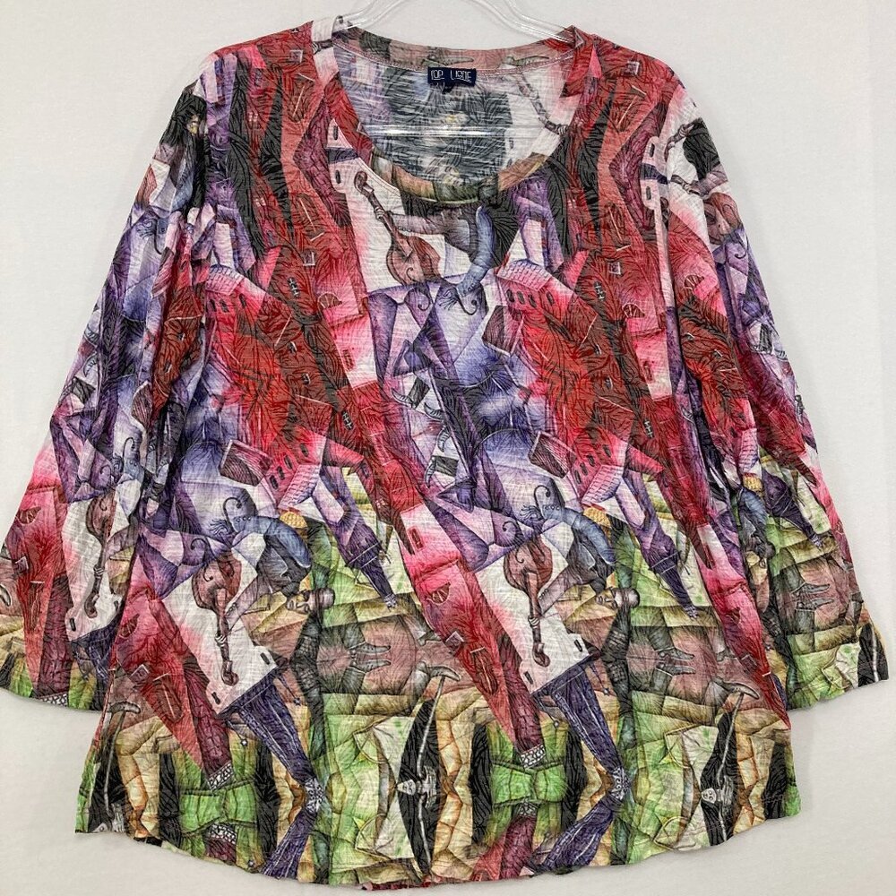 Top Ligne size XL Colorful Artsy Crew Neck Stretch 3/4 Sleeve Blouse Art to Wear